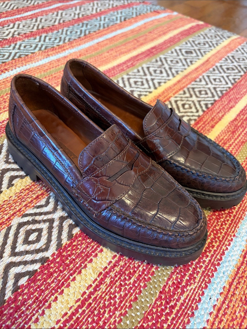 Ralph Lauren Women's Polo Sport Brown Leather Croc-finish Loafers Size 6